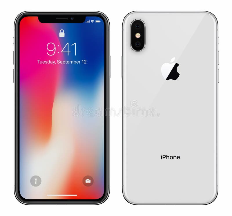 Белое iPhone x Яблока с iOS 11 lockscreen лицевая сторона и задняя сторона изолированные на белой предпосылке стоковая фотография rf