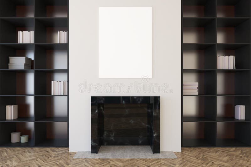Белые живущая комната, камин и bookcases закрывают вверх бесплатная иллюстрация