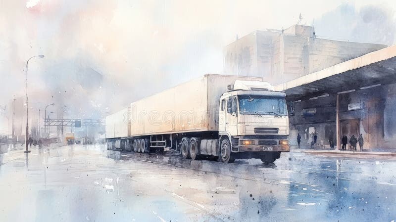 белый полуприцеп ездит по городской улице в туманный день. грузовик находится на переднем плане иллюстрация вектора