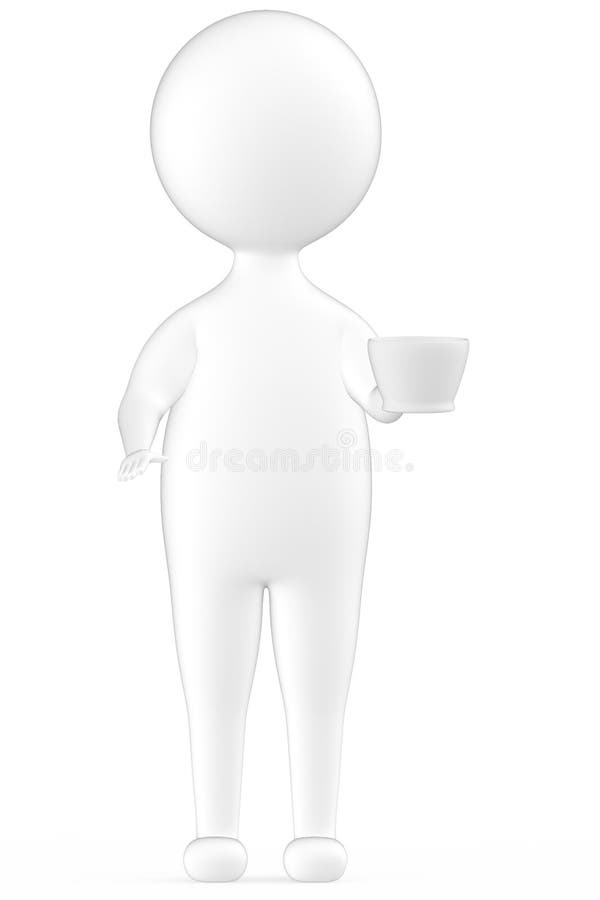 белый характер 3d стоя и держа чашка чая перевода coffe -3d его рукой иллюстрация штока