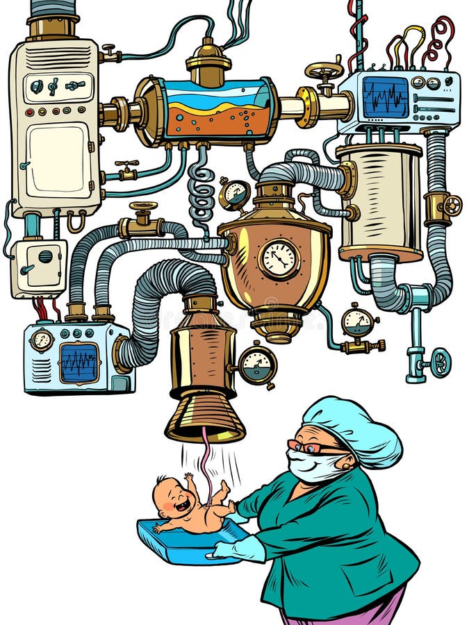 Midwife and newborn, maternity hospital concept, artificial pregnancy. machine conveyor complex apparatus funny production. Comic caricature por art retro vector illustration. Midwife and newborn, maternity hospital concept, artificial pregnancy. machine conveyor complex apparatus funny production. Comic caricature por art retro vector illustration