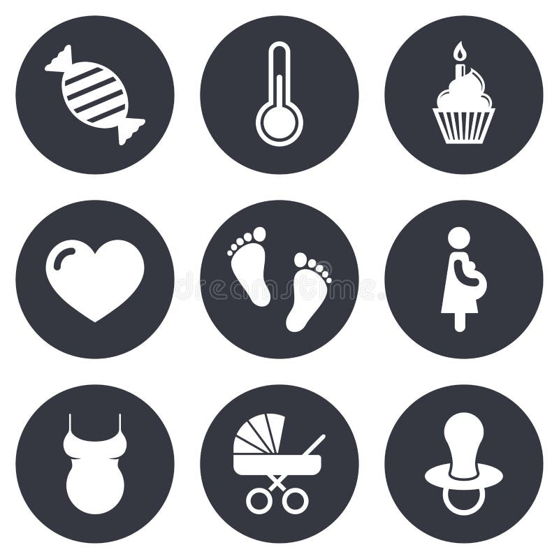 Pregnancy, maternity and baby care icons. Candy, baby carriage and pacifier signs. Footprint, cake and thermometer symbols. Gray flat circle buttons. Vector. Pregnancy, maternity and baby care icons. Candy, baby carriage and pacifier signs. Footprint, cake and thermometer symbols. Gray flat circle buttons. Vector