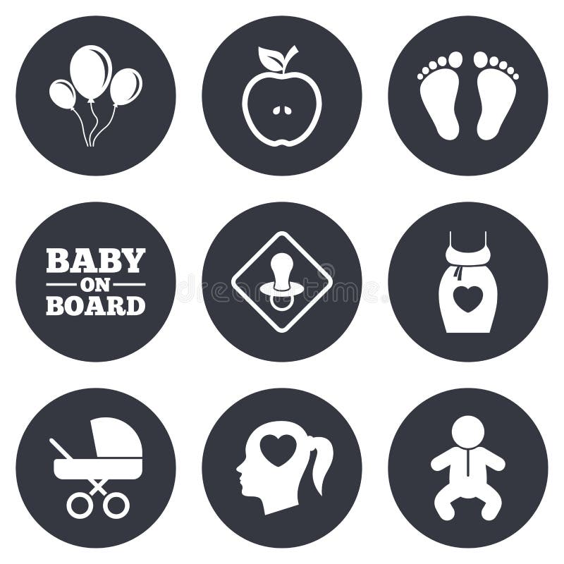 Pregnancy, maternity and baby care icons. Air balloon, baby carriage and pacifier signs. Footprint, apple and newborn symbols. Gray flat circle buttons. Vector. Pregnancy, maternity and baby care icons. Air balloon, baby carriage and pacifier signs. Footprint, apple and newborn symbols. Gray flat circle buttons. Vector