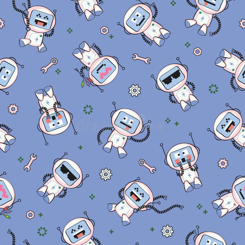 Бесшовный векторный шаблон с различными роботами иллюстрация вектора Бесшовный векторный шаблон с различными роботами иллюстрация вектора