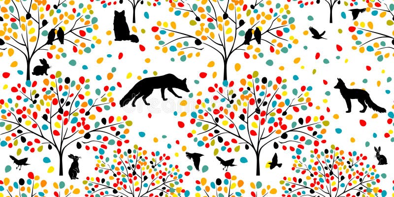 бесшовный цветной лес с животными. ручной чертёж. не вектор ai иллюстрация вектора