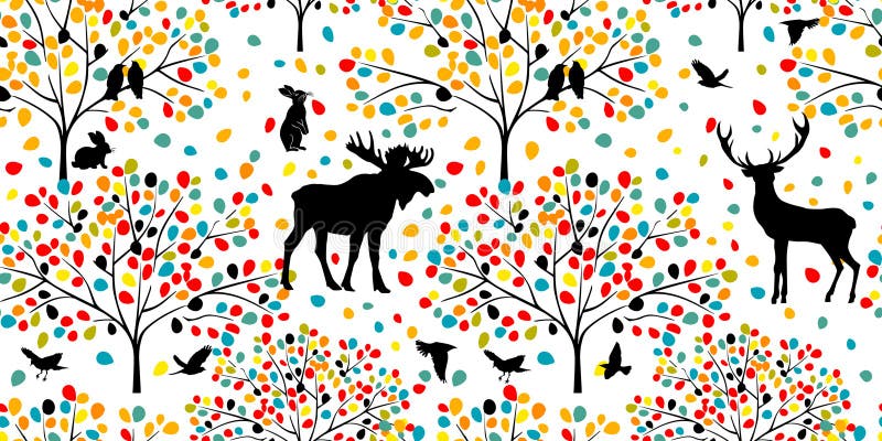 бесшовный цветной лес с животными. ручной чертёж. не вектор ai иллюстрация вектора
