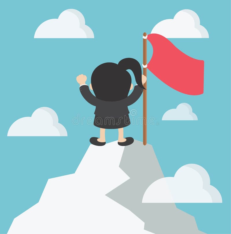 Business woman in mountains Leader on the top Vector illustration in flat cartoon eps.10. Business woman in mountains Leader on the top Vector illustration in flat cartoon eps.10