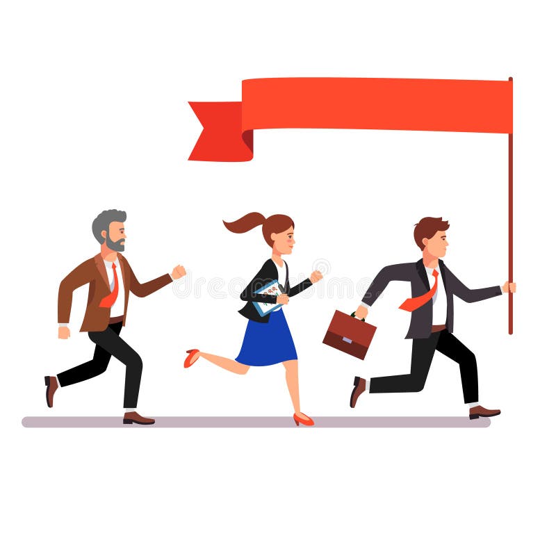 Business leader holding big flag and leading the way to his fellow colleagues businessman people. Flat style vector illustration. Business leader holding big flag and leading the way to his fellow colleagues businessman people. Flat style vector illustration.