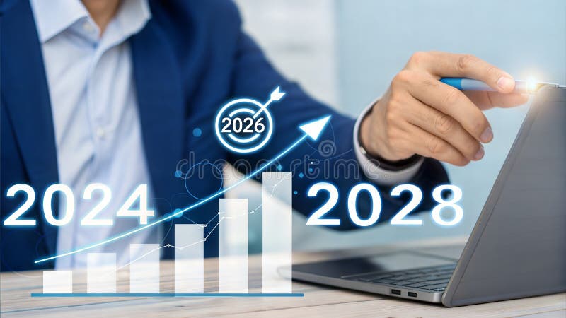 Бизнес-стратегия с выделенной целью на 2026 год и стрелкой роста вверх. Цифровые номера в офисных ноутбуках. бесплатная иллюстрация