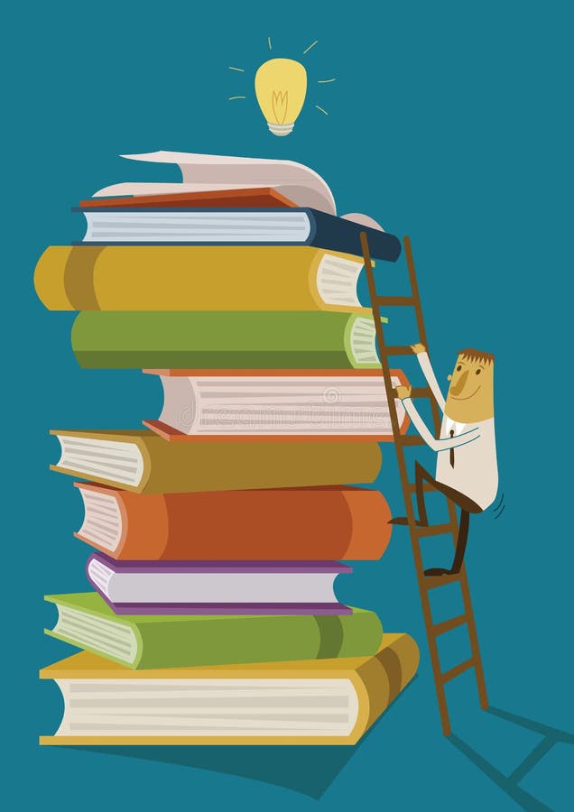 Бизнесмен взбирается вверх лестница для книг формы идей находки иллюстрация штока Бизнесмен взбирается вверх лестница для книг формы идей находки иллюстрация штока
