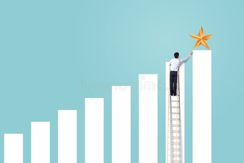 businessman climb up rising graph on ladder to reach star. businessman climb up rising graph on ladder to reach star