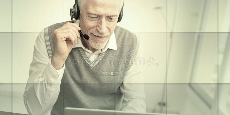 бизнесмен говорит на гарнитуре и использует геометрический шаблон ноутбука иллюстрация штока