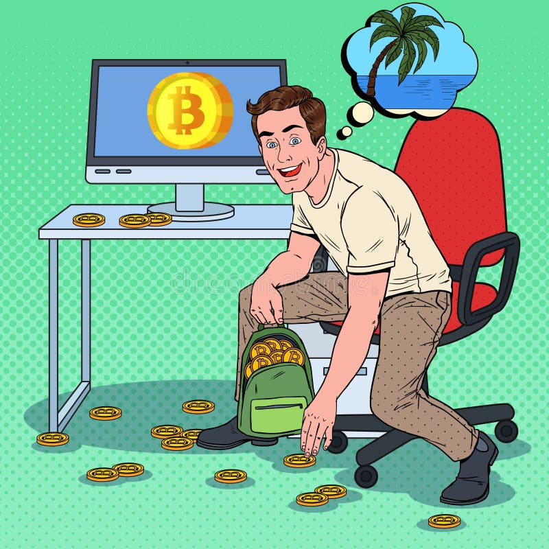 Бизнесмен искусства шипучки успешный положил Bitcoins в рюкзак и мечтать о тропических каникулах Секретная валюта бесплатная иллюстрация