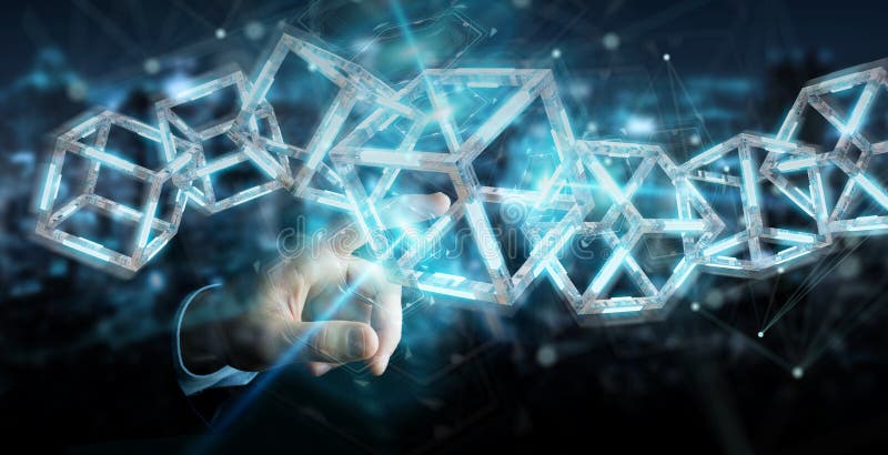 Бизнесмен используя цифровой голубой перевод Blockchain 3D бесплатная иллюстрация Бизнесмен используя цифровой голубой перевод Blockchain 3D бесплатная иллюстрация