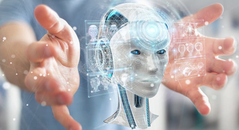 Бизнесмен используя цифровой интерфейс 3D r искусственного интеллекта иллюстрация вектора Бизнесмен используя цифровой интерфейс 3D r искусственного интеллекта иллюстрация вектора