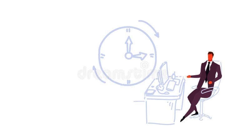 Бизнесмен работая на значке настенных часов концепции крайнего срока работника офиса бизнесмена рабочего места компьютера сидя мо иллюстрация вектора Бизнесмен работая на значке настенных часов концепции крайнего срока работника офиса бизнесмена рабочего места компьютера сидя мо иллюстрация вектора