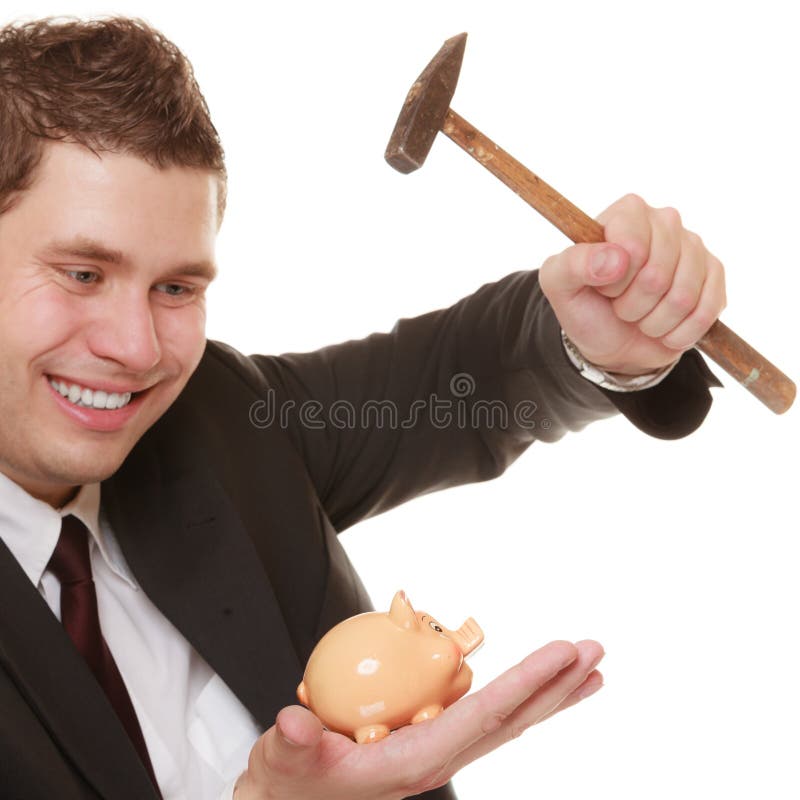 Money saving concept. Happy funny business man guy with hammer about to smash piggy bank isolated on white. Money saving concept. Happy funny business man guy with hammer about to smash piggy bank isolated on white