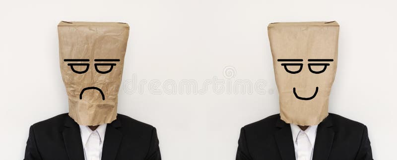 Businessman with crumpled paper bag with anger bored face and smooth paper bag with smiling face. Businessman with crumpled paper bag with anger bored face and smooth paper bag with smiling face