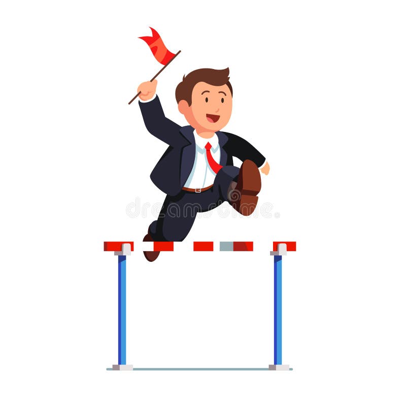 Business man competing in a steeplechase race holding a leader red flag in hand jumping over the obstacle. Determined businessman. Flat style vector illustration isolated on white background. Business man competing in a steeplechase race holding a leader red flag in hand jumping over the obstacle. Determined businessman. Flat style vector illustration isolated on white background.