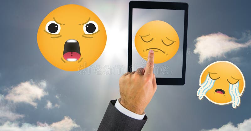 Бизнесмен указывая на emojis в небе бесплатная иллюстрация