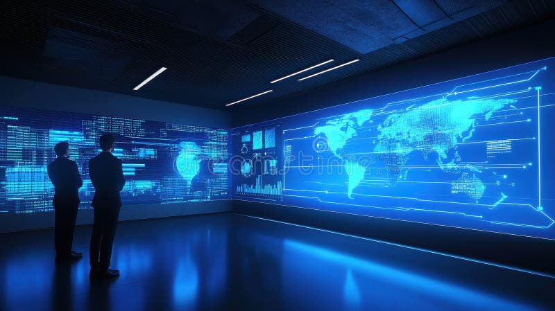 Бизнесмены Data Insight наблюдают за информацией о глобальной сети в комнате управления Bluelit стоковое фото rf