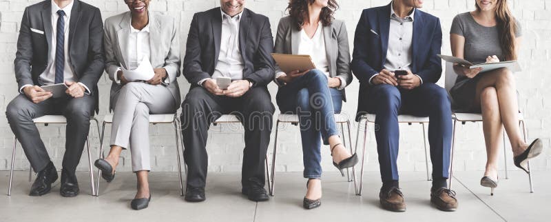 Diverse business people sitting in row. Diverse business people sitting in row