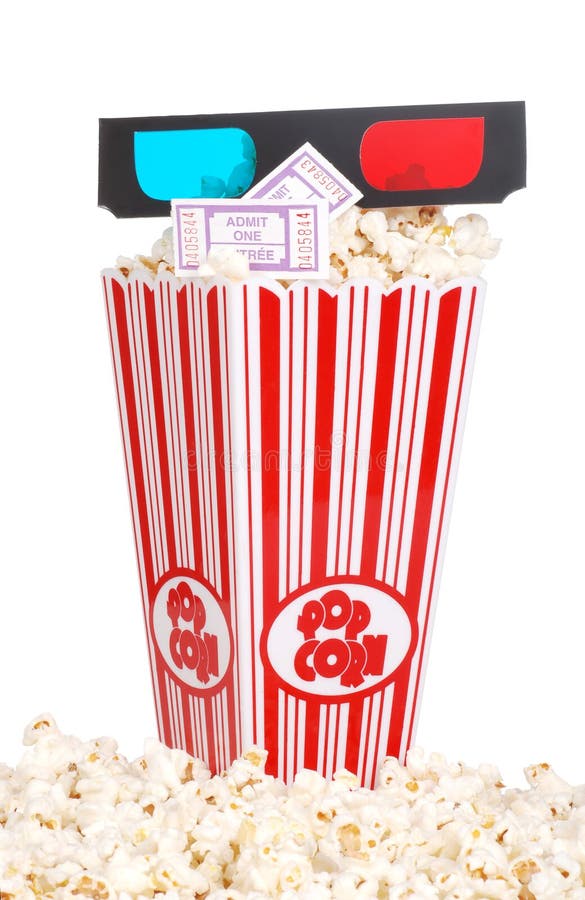 Isolated bucket of popcorn with 3D glasses and movie tickets. Isolated bucket of popcorn with 3D glasses and movie tickets