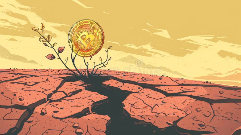 Биткойн-монета растёт из треснувшей земли стоковое фото