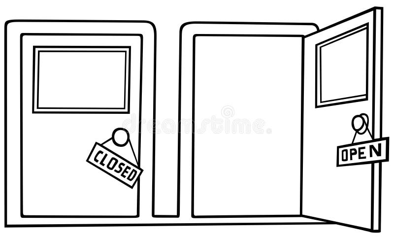 Door Open and Close - Black and White Cartoon illustration, Vector. Door Open and Close - Black and White Cartoon illustration, Vector