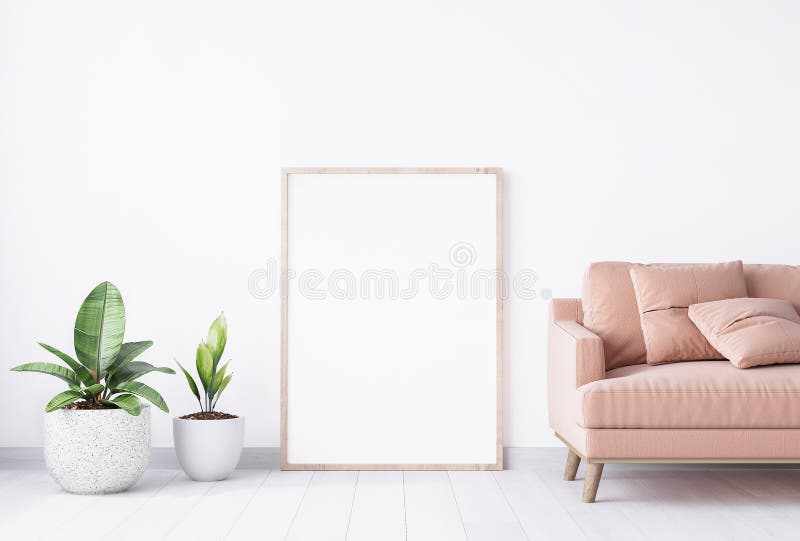 Близко от яркого белого интерьера зеленого растений стены furniturebackground персика деревянной рамки жилой площади стильного в з иллюстрация штока