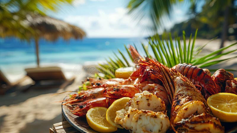 блюдо из морепродуктов на фоне тропического пляжа с ломтиками лимона. стоковые фотографии rf