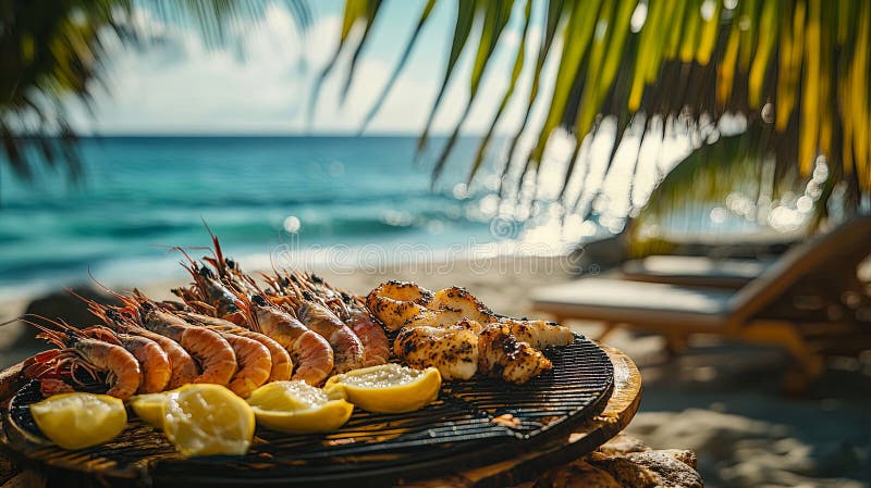 блюдо из морепродуктов на фоне тропического пляжа с ломтиками лимона. стоковые изображения rf