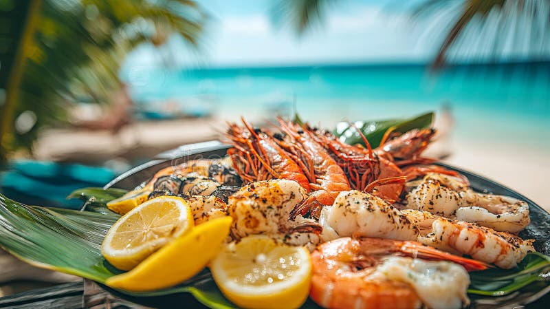 блюдо из морепродуктов на фоне тропического пляжа с ломтиками лимона. стоковая фотография rf