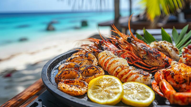 блюдо из морепродуктов на фоне тропического пляжа с ломтиками лимона. стоковое изображение rf
