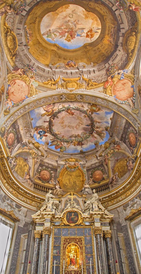 BOLOGNA, ITALY - MARCH 16, 2014: Ceiling fresco and altar from Chapel of Rosary in baroque church San Domenico - Saint Dominic by Angelo Michele Colonna e Agostino Mitelli (1655-1657). BOLOGNA, ITALY - MARCH 16, 2014: Ceiling fresco and altar from Chapel of Rosary in baroque church San Domenico - Saint Dominic by Angelo Michele Colonna e Agostino Mitelli (1655-1657).