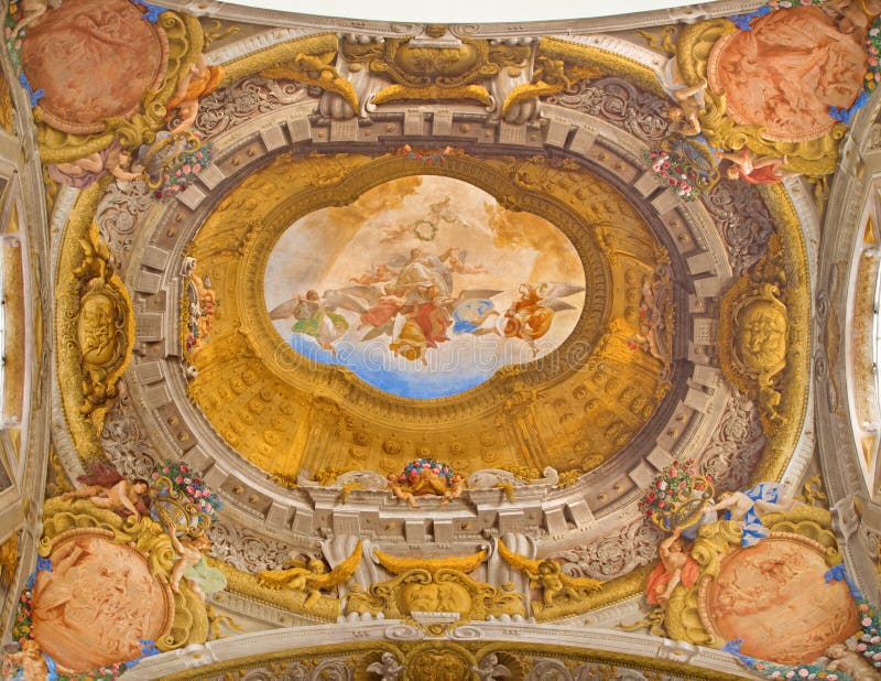 Ceiling fresco from Chapel of Rosary or Cappella del Rosario in baroque church San Domenico - Saint Dominic by Angelo Michele Colonna e Agostino Mitelli (1655-1657). Ceiling fresco from Chapel of Rosary or Cappella del Rosario in baroque church San Domenico - Saint Dominic by Angelo Michele Colonna e Agostino Mitelli (1655-1657).