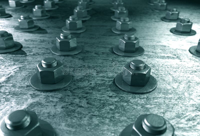 Bolts on steel plating with a steel blue background. Bolts on steel plating with a steel blue background