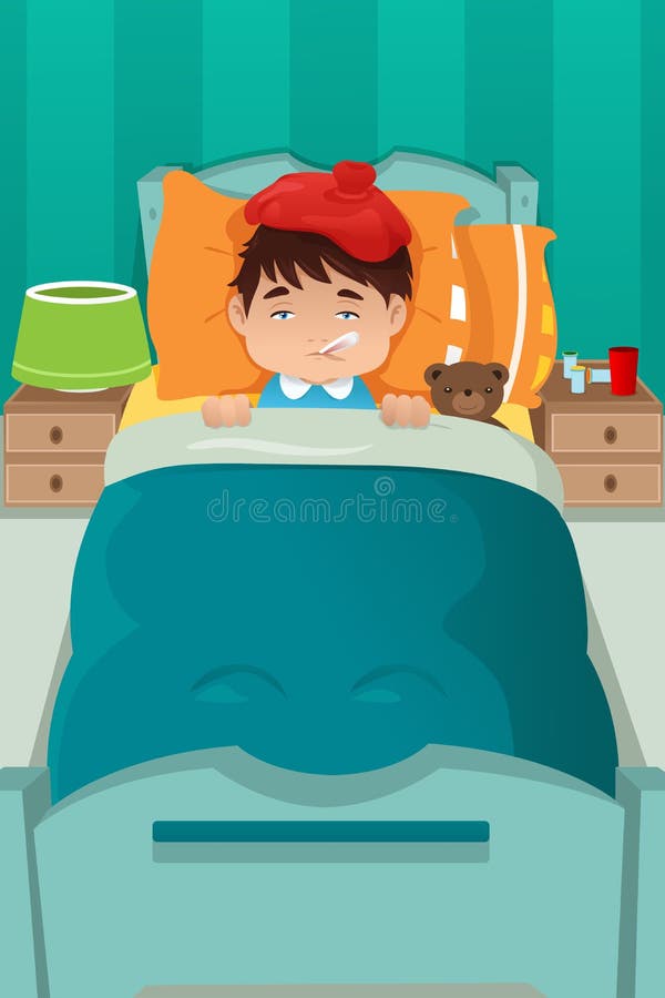 A vector illustration of sick boy resting on bed. A vector illustration of sick boy resting on bed