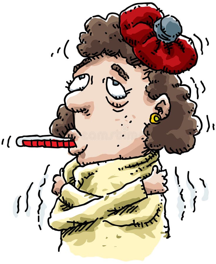A cartoon of a sick woman with a thermometer in her mouth. A cartoon of a sick woman with a thermometer in her mouth.