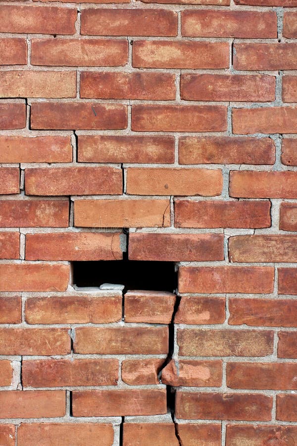 Large red and pink brick wall in need of repair, with heavy cracks throughout and missing sections. Large red and pink brick wall in need of repair, with heavy cracks throughout and missing sections.