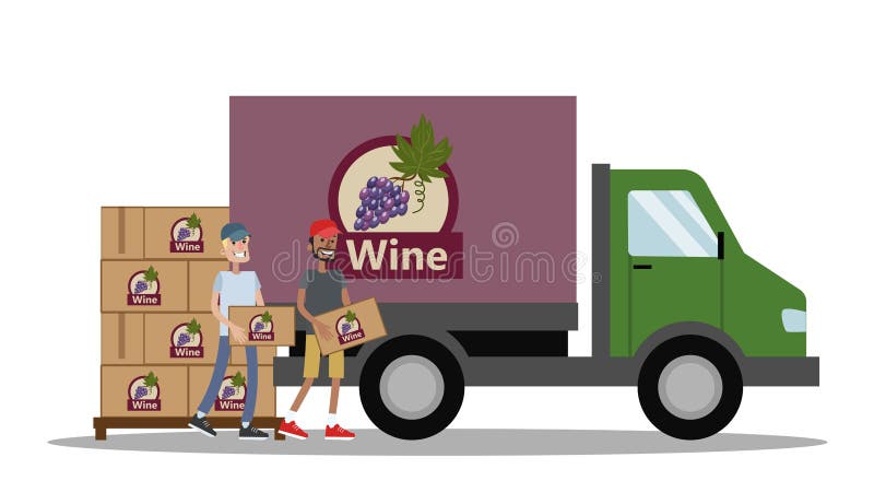 Big truck full of of bottles of wine. Alcohol manufacture. Workers carrying boxes with bottles to the vehicle. Fast delivery. Isolated vector flat illustration. Big truck full of of bottles of wine. Alcohol manufacture. Workers carrying boxes with bottles to the vehicle. Fast delivery. Isolated vector flat illustration