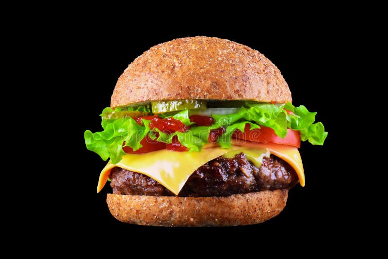 Большие вкусные гамбургер или cheeseburger изолированные на черной предпосылке с зажаренным мясом, сыром, томатом, беконом, луком стоковое фото Большие вкусные гамбургер или cheeseburger изолированные на черной предпосылке с зажаренным мясом, сыром, томатом, беконом, луком стоковое фото