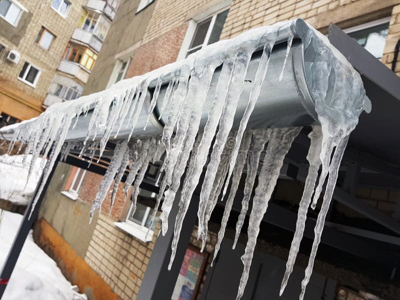 Большие опасные сосульки над входом к дому в зиме или весной против снега стоковые фотографии rf