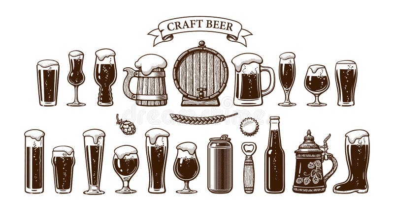 Big vintage set of beer objects. Various types of beer glasses and mugs, old wooden barrel, hop, bottle, can, opener, cap. Hand drawn engraving style vector illustration isolated on white background. Big vintage set of beer objects. Various types of beer glasses and mugs, old wooden barrel, hop, bottle, can, opener, cap. Hand drawn engraving style vector illustration isolated on white background.