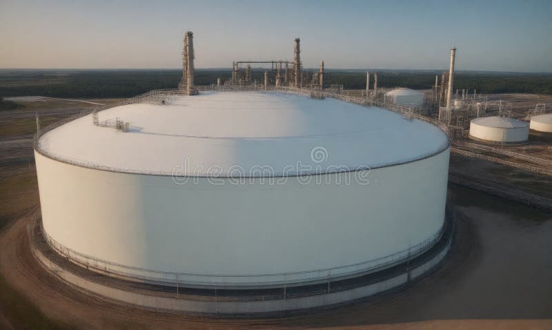 большой резервуар для хранения белого цвета находится в крупном промышленном комплексе стоковые изображения rf