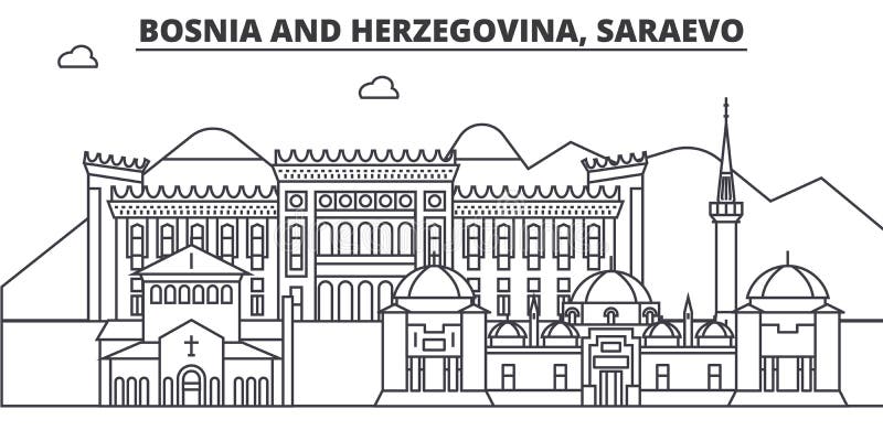 Босния и Герцеговина, линия иллюстрация архитектуры Saraevo горизонта Линейный городской пейзаж вектора с известными ориентир ори иллюстрация штока Босния и Герцеговина, линия иллюстрация архитектуры Saraevo горизонта Линейный городской пейзаж вектора с известными ориентир ори иллюстрация штока