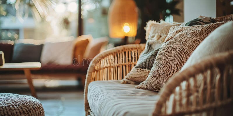 Бохочич роскошная гостиная с многослойной текстурой rattan мебель и плюшевые подушки уютно и привлекательно иллюстрация штока