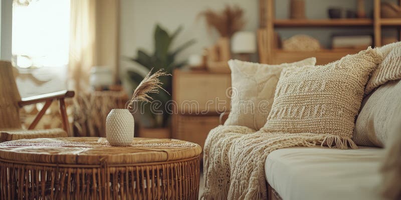 Бохочич роскошная гостиная с многослойной текстурой rattan мебель и плюшевые подушки уютно и привлекательно иллюстрация штока