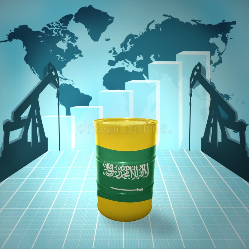Oil barrel with Saudi Arabia flag on the background of the world map with oil derricks and growth chart. Oil barrel with Saudi Arabia flag on the background of the world map with oil derricks and growth chart