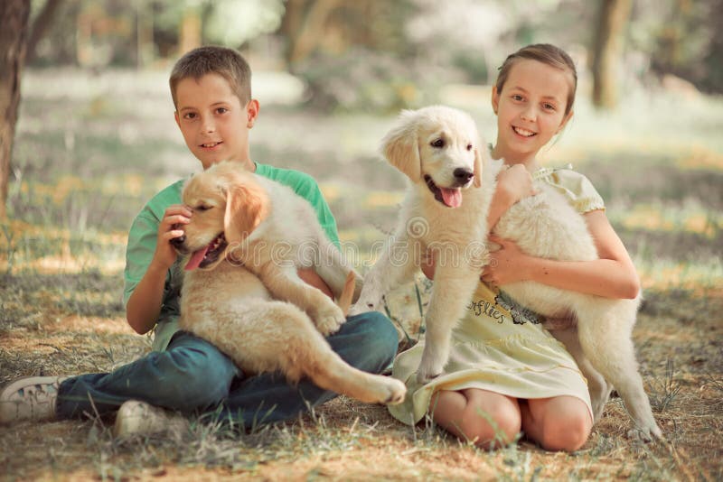 Брат сестры подростка сцены щенка Retriever симпатичный наслаждается представить каникулы временени с собакой белым labrador цвет стоковые фотографии rf Брат сестры подростка сцены щенка Retriever симпатичный наслаждается представить каникулы временени с собакой белым labrador цвет стоковые фотографии rf